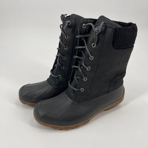Sperry Syren Misty Tall Lace Up Rain Duck Boot Black - Picture 4 of 11